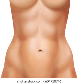 Realistic naked tanned female body with athletic abs on white background 3d design vector illustration