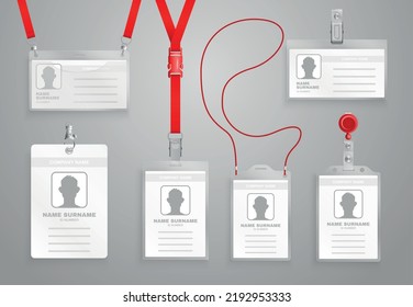 Realistic name badges templates set with red lanyards clips and holders isolated on grey background vector illustration