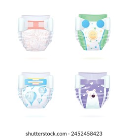 Realistic nappy. Toddler diapers color design mockup, baby diaper absorbent cotton for child, pampers underwear newborn hygiene panties, vector illustration of toddler baby, infant diaper newborn