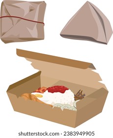 Realistic Nasi Lemak, Malaysia local breakfast food with paper with waxed paper bento box wrapping.