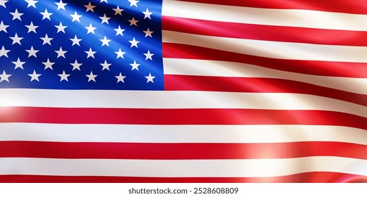 Realistic national American flag closeup. Wavy flag of the United States of America. Patriotic background USA for Independence day, Veterans day, Memorial day. 3d vector illustration