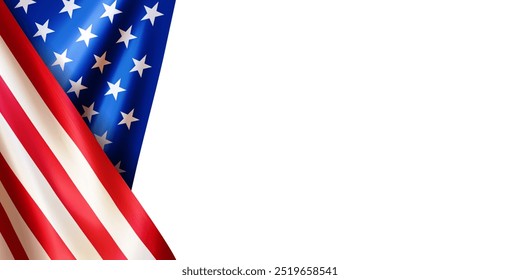 Realistic national American flag isolated on white background. Wavy flag of the United States of America. Symbol USA for poster, banner for voting in elections, patriotic holidays. Vector illustration