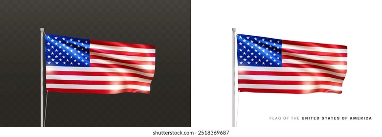 Realistic national American flag on a metal flagpole isolated on black and white background. Waving in the wind flag of the United States of America. Patriotic symbol USA. 3d vector illustration
