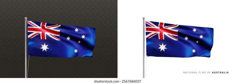 Realistic national flag of Australia on a metal flagpole isolated on black and white background. Waving in the wind flag. Patriotic symbol of the country Australia. 3d vector illustration