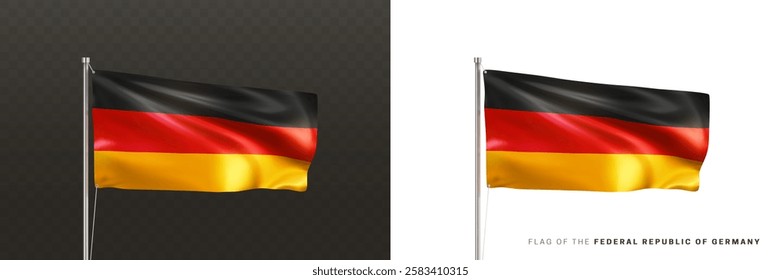 Realistic national flag of the Federal Republic of Germany on a metal flagpole isolated on black and white background. Waving in the wind flag. German patriotic symbol. 3d vector illustration