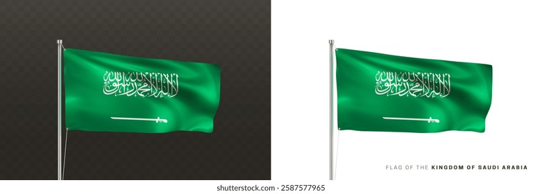 Realistic national flag of the Kingdom of Saudi Arabia on a metal flagpole isolated on black and white background. Waving in the wind flag. Saudi Arabia patriotic symbol. 3d vector illustration