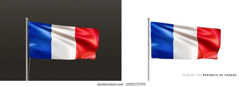 Realistic national flag of the Republic of France on a metal flagpole isolated on black and white background. Waving in the wind flag. French patriotic symbol. 3d vector illustration