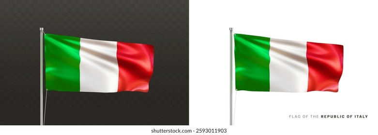 Realistic national flag of the Republic of Italy on a metal flagpole isolated on black and white background. Waving in the wind flag. Italian patriotic symbol. 3d vector illustration