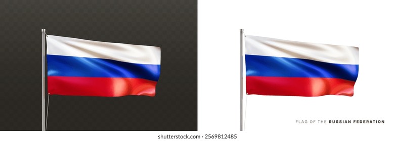 Realistic national flag of the Russian Federation on a metal flagpole isolated on black and white background. Waving in the wind flag. Patriotic symbol of the country Russia. 3d vector illustration