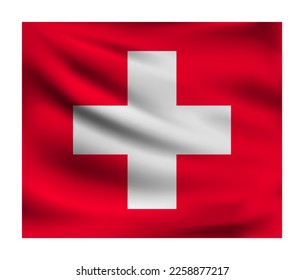 Realistische Nationalflagge der Schweiz. Aktuelle Staatsflagge aus Stoff. Vektorgrafik von lügendem, gewelltem Tuch in Nationalfarben der Schweiz.