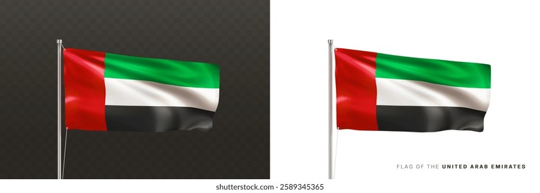 Realistic national flag of the United Arab Emirates on a metal flagpole isolated on black and white background. Waving in the wind flag. UAE patriotic symbol. 3d vector illustration