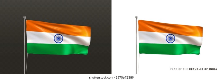 Realistic national Indian flag. Waving in wind flag of the Republic of India on a metal flagpole isolated on black and white background. Patriotic symbol for Independence Day. 3d vector illustration