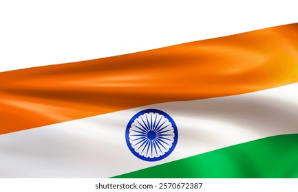 Realistic national Indian flag. Wavy orange white green flag of the Republic of India isolated on white background. Patriotic country symbol for celebrating Independence Day. 3d vector illustration