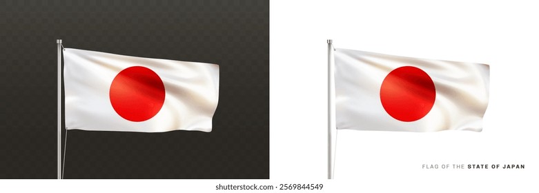 Realistic national Japanese flag. Waving in the wind flag state of Japan on a metal flagpole isolated on black and white background. Patriotic country symbol for Foundation Day. 3d vector illustration