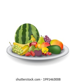 Realistic Natural Fresh Fruits on Plate Summer Isolated Vector Illustration 01