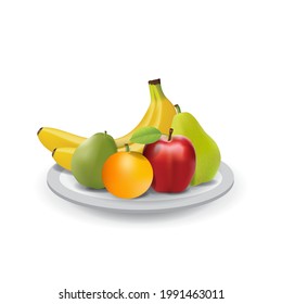 Realistic Natural Fresh Fruits on Plate Summer Isolated Vector Illustration 02