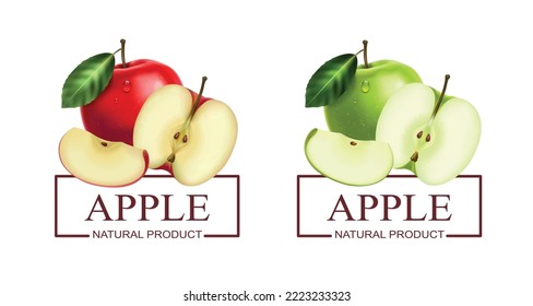 Realistic natural product labels set with fresh green and red apple isolated vector illustration