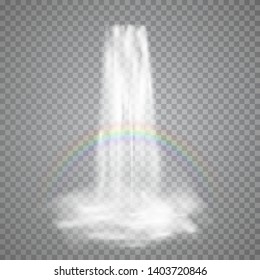 Realistic nature stream of waterfall with clear water rainbow and fog. Vector illustration isolated on transparent background