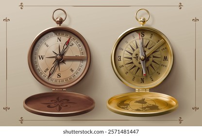 Realistic nautical bronze and brass sea compass, wind rose and star arrows, vector vintage navigation equipment. 3d realistic old compasses with open lids, world map and fleur de lis ornaments