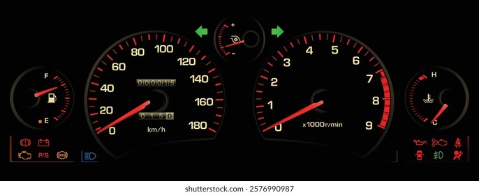 Realistic nearly Y2K Japanese midship sport coupe red theme gauge cluster in turbo intercooler gasoline engine manual gearbox without exhaust gas temp warning light illustration vector.