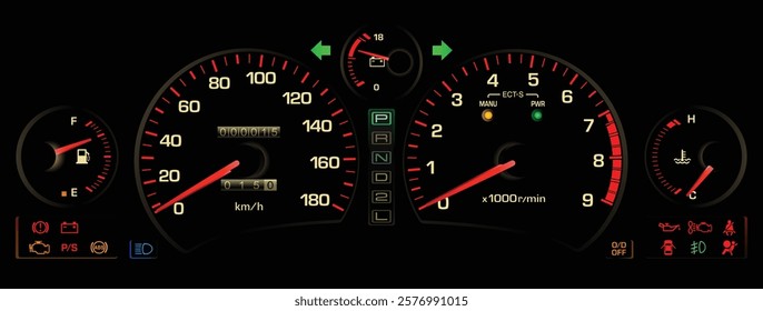 Realistic nearly Y2K Japanese midship sport coupe red theme gauge cluster in natural aspirated gasoline engine automatic gearbox without exhaust gas temp warning illustration vector.