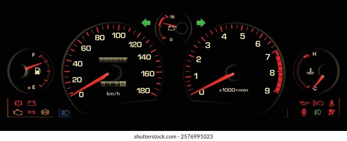 Realistic nearly Y2K Japanese midship sport coupe red theme gauge cluster in natural aspirated gasoline engine manual gearbox without exhaust gas temp warning light illustration vector.