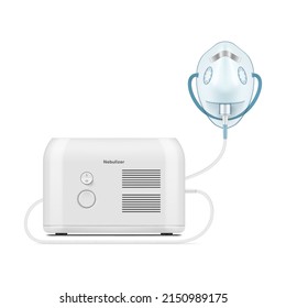 Realistic nebulizer with oxygen mask vector illustration. Electronic device medical treatment therapy treat cough chronic obstructive pulmonary disease health care. Steam ambulance appliance