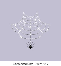 Realistic necklace made of dew drops on a spider web decorated with a spider. Sketch for the design of jewelry accessories for Halloween and the Day of Death. Gothic style. Vector illustration EPS8.