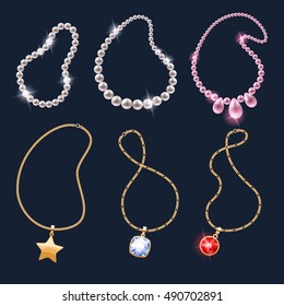 Realistic necklaces jewelry accessories icons set. Necklace gold chain gemstones pearl pendant vector illustration.