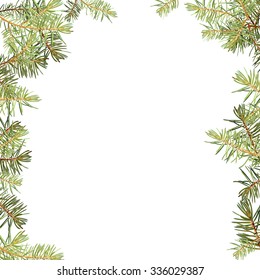 Realistic needles, spruce branches Christmas tree, isolated detailed vector, frame of spruce branches, template for design