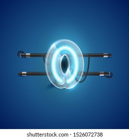 Realistic neon '0' character with plastic case around, vector illustration