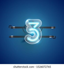 Realistic neon '3' character with plastic case around, vector illustration