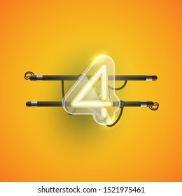 Realistic neon '4' character with plastic case around, vector illustration