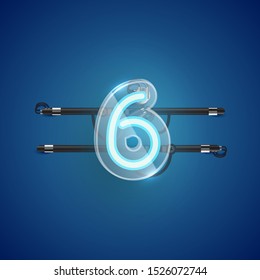 Realistic neon '6' character with plastic case around, vector illustration