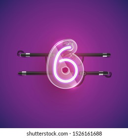 Realistic neon '6' character with plastic case around, vector illustration