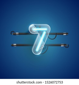 Realistic neon '7' character with plastic case around, vector illustration
