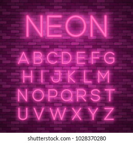 Realistic neon alphabet. Bright neon glowing font. Vector format