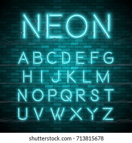 Realistic neon alphabet. Bright neon glowing font. Stock vector