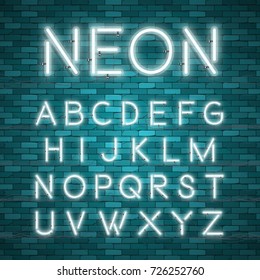 Realistic neon alphabet. Bright neon glowing font. Vector format