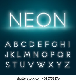 Realistic neon alphabet. Glowing font. Vector format
