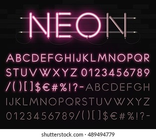 Realistic neon alphabet on a background of black brick wall. Bright glowing font. Vector format