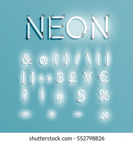 Realistic Neon Alphabet Shining, White, Vector Illustration