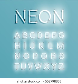 Realistic Neon Alphabet Shining, White, Vector Illustration