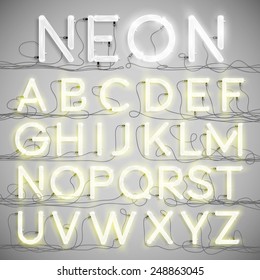 Realistic neon alphabet with wires (ON), vector