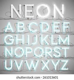 Realistic neon alphabet with wires, vector