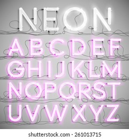 Realistic neon alphabet with wires, vector