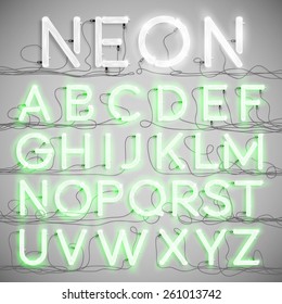 Realistic neon alphabet with wires, vector