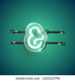 Realistic neon 'and/et' character with plastic case around, vector illustration