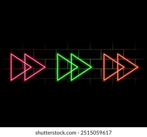 Realistic neon arrow. Glowing yellow abstract sign, electricity shine colored signboard, direction illuminated object, night club or party lamp vector isolated on transparent background illustration.