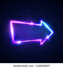 Realistic neon arrow sign hanging on brick wall. Electric light glowing signage for night club bar. Illuminated retro pointer with neon led lamp. Advertising vintage frame. Bright vector illustration.